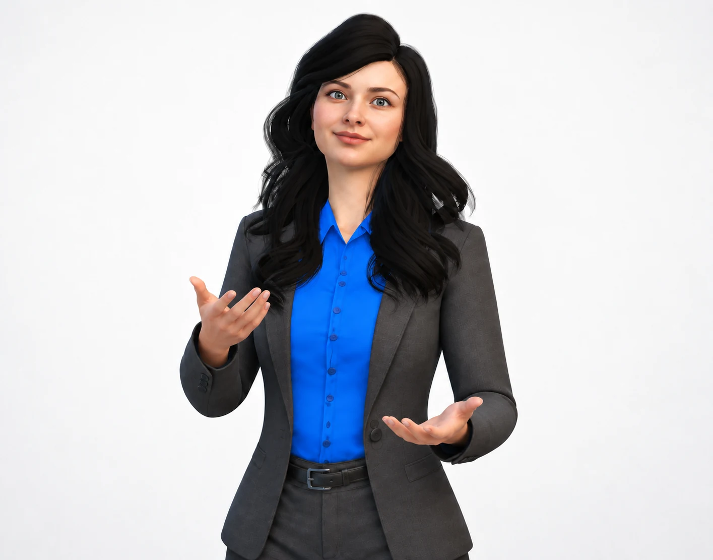 Lia, avatar 3D NeoTalk, com camisa azul e blazer escuro